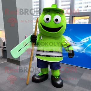 Lime Green Ice Hockey Stick mascot costume character dressed with a Bomber Jacket and Messenger bags