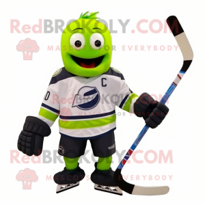 Lime Green Ice Hockey Stick mascot costume character dressed with a Bomber Jacket and Messenger bags