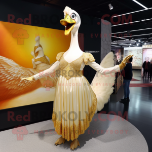 Gold Swan mascot costume character dressed with a Skirt and Earrings