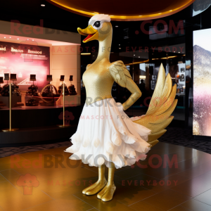 Gold Swan mascot costume character dressed with a Skirt and Earrings