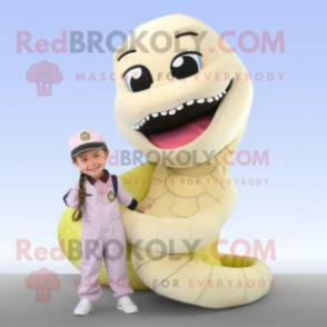 Cream Titanoboa mascot costume character dressed with a Overalls and Hair clips