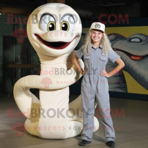 Cream Titanoboa mascot costume character dressed with a Overalls and Hair clips