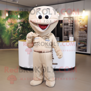 Cream Titanoboa mascot costume character dressed with a Overalls and Hair clips