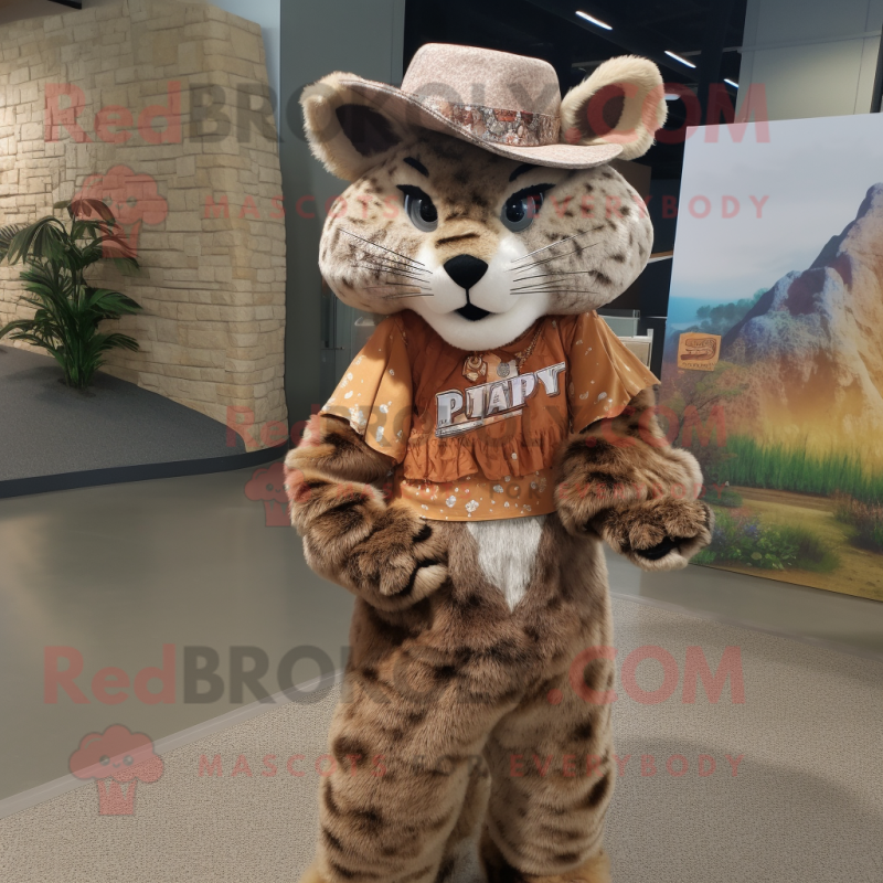 Brown Bobcat mascot costume character dressed with a Maxi Dress and Hats