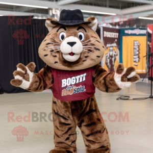 Brown Bobcat mascot costume character dressed with a Maxi Dress and Hats