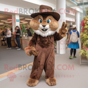 Brown Bobcat mascot costume character dressed with a Maxi Dress and Hats