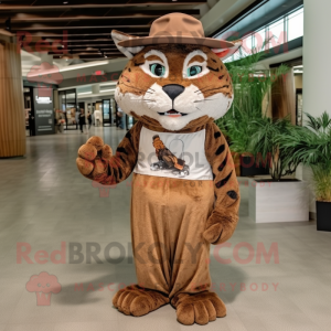 Brown Bobcat mascot costume character dressed with a Maxi Dress and Hats