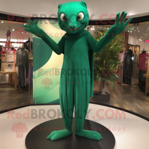 Forest Green Trapeze Artist mascot costume character dressed with a Sheath Dress and Gloves