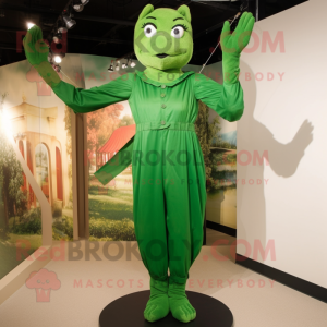 Forest Green Trapeze Artist mascot costume character dressed with a Sheath Dress and Gloves