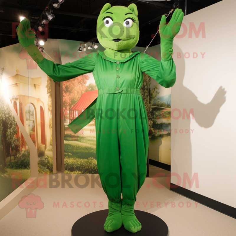 Forest Green Trapeze Artist mascot costume character dressed with a Sheath Dress and Gloves