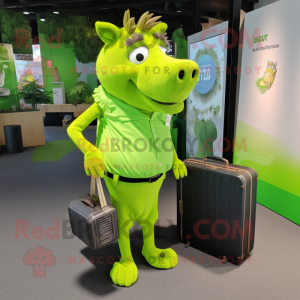Lime Green Wild Boar mascot costume character dressed with a Midi Dress and Briefcases