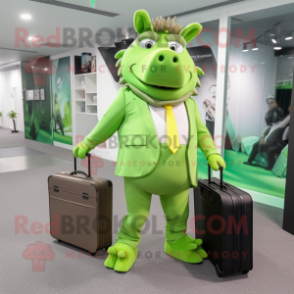 Lime Green Wild Boar mascot costume character dressed with a Midi Dress and Briefcases