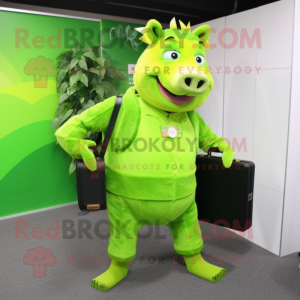 Lime Green Wild Boar mascot costume character dressed with a Midi Dress and Briefcases