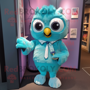 Cyan Owl mascot costume character dressed with a Romper and Ties