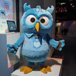 Cyan Owl mascot costume character dressed with a Romper and Ties