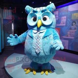 Cyan Owl mascot costume character dressed with a Romper and Ties