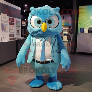 Cyan Owl mascot costume character dressed with a Romper and Ties