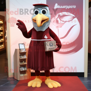 Maroon Albatross mascot costume character dressed with a Empire Waist Dress and Coin purses