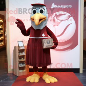 Maroon Albatross mascot costume character dressed with a Empire Waist Dress and Coin purses