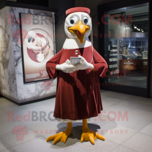 Maroon Albatross mascot costume character dressed with a Empire Waist Dress and Coin purses