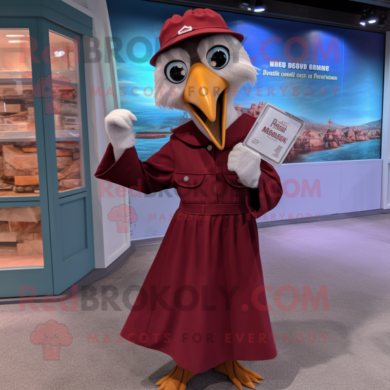 Maroon Albatross mascot costume character dressed with a Empire Waist Dress and Coin purses