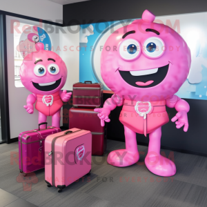 Pink Candy mascot costume character dressed with a Rash Guard and Briefcases