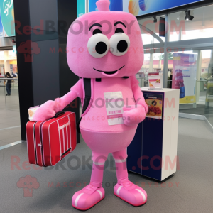 Pink Candy mascot costume character dressed with a Rash Guard and Briefcases