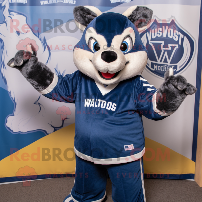 Navy Badger mascot costume character dressed with a Jeans and Mittens