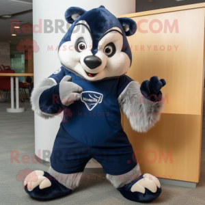 Navy Badger mascot costume character dressed with a Jeans and Mittens