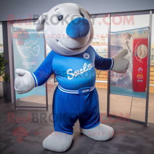 Navy Stellar'S Sea Cow mascot costume character dressed with a Polo Tee and Anklets