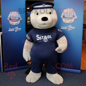 Navy Stellar'S Sea Cow mascot costume character dressed with a Polo Tee and Anklets