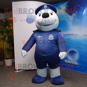 Navy Stellar'S Sea Cow mascot costume character dressed with a Polo Tee and Anklets