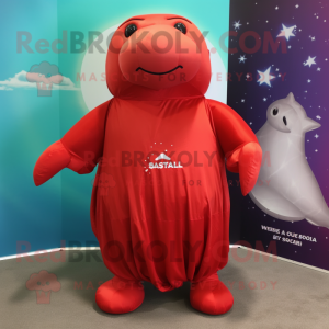 Red Stellar'S Sea Cow mascot costume character dressed with a Wrap Dress and Foot pads