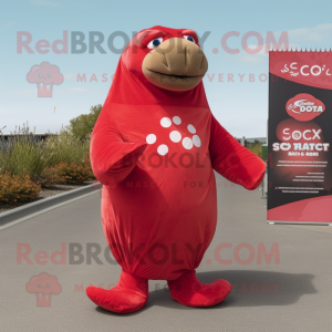 Red Stellar'S Sea Cow mascot costume character dressed with a Wrap Dress and Foot pads