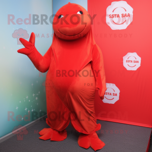 Red Stellar'S Sea Cow mascot costume character dressed with a Wrap Dress and Foot pads