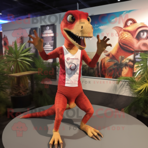 Red Velociraptor mascot costume character dressed with a Board Shorts and Rings