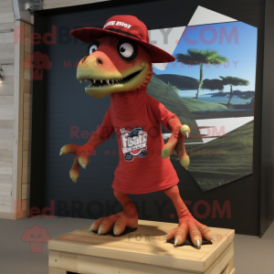 Red Velociraptor mascot costume character dressed with a Board Shorts and Rings