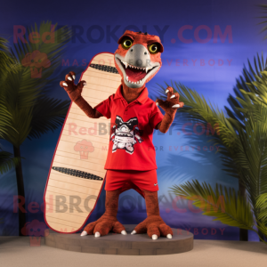 Red Velociraptor mascot costume character dressed with a Board Shorts and Rings