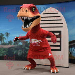 Red Velociraptor mascot costume character dressed with a Board Shorts and Rings