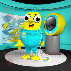 Turquoise Canary mascot costume character dressed with a Swimwear and Rings