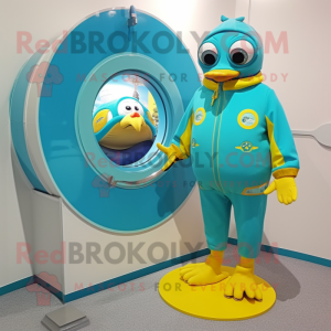 Turquoise Canary mascot costume character dressed with a Swimwear and Rings