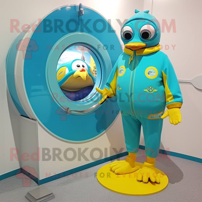 Turquoise Canary mascot costume character dressed with a Swimwear and Rings Turquoise Canary mascot costume character dressed with a Swimwear and Rings