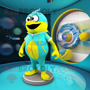 Turquoise Canary mascot costume character dressed with a Swimwear and Rings