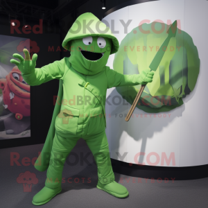 Green Knife Thrower mascot costume character dressed with a Raincoat and Wraps