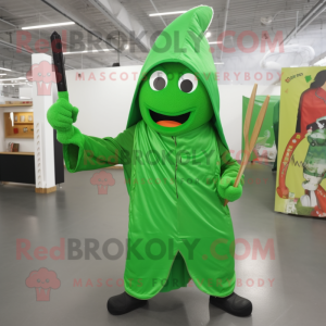 Green Knife Thrower mascot costume character dressed with a Raincoat and Wraps