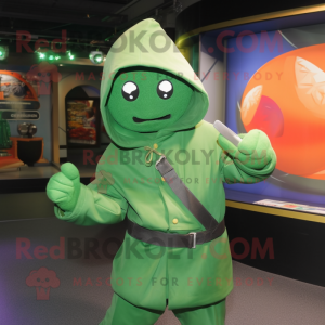 Green Knife Thrower mascot costume character dressed with a Raincoat and Wraps