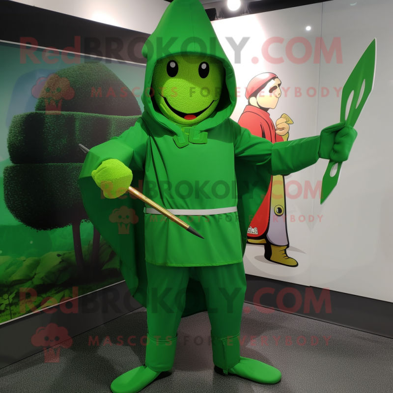 Green Knife Thrower mascot costume character dressed with a Raincoat and Wraps