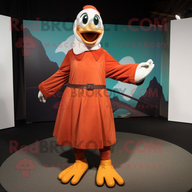 Rust Geese mascot costume character dressed with a Maxi Skirt and Foot pads