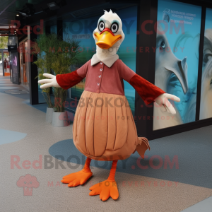 Rust Geese mascot costume character dressed with a Maxi Skirt and Foot pads