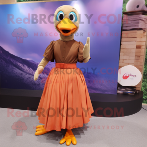 Rust Geese mascot costume character dressed with a Maxi Skirt and Foot pads